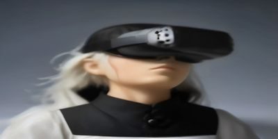 VR头显佩戴者沉浸式体验3d视频内容，周围是家庭客厅环境